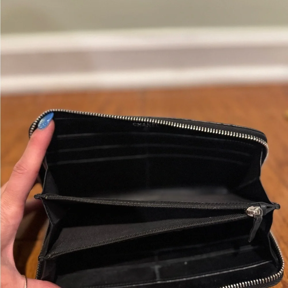 CHANEL Black Lambskin Quilted Embellished CC Black Zip Long Wallet